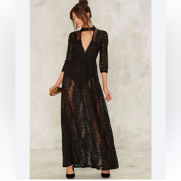 Nasty Gal One Step A-Thread Lace Maxi Dress Bodysuit Black - Picture 1 of 14